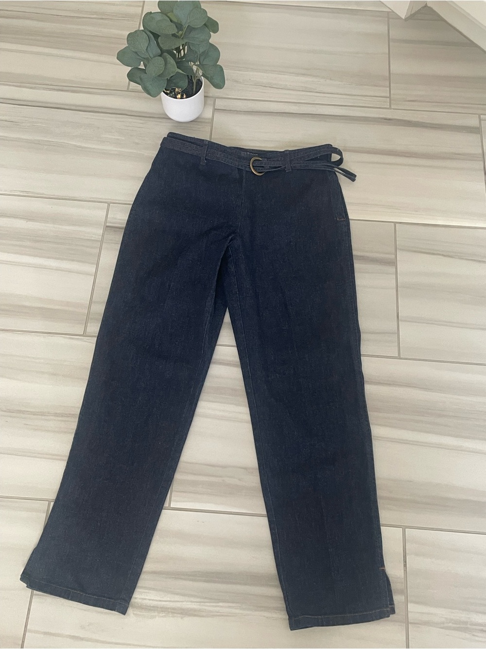 Ann Taylor High Rise Wide Leg Denim Trouser Jeans Dark Rinse Belted Size 6